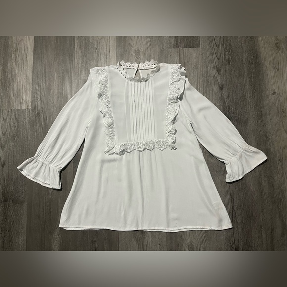 blu pepper White 3/4 Sleeve Blouse w Lacy Trim - Size Juniors Large - Picture 2 of 12